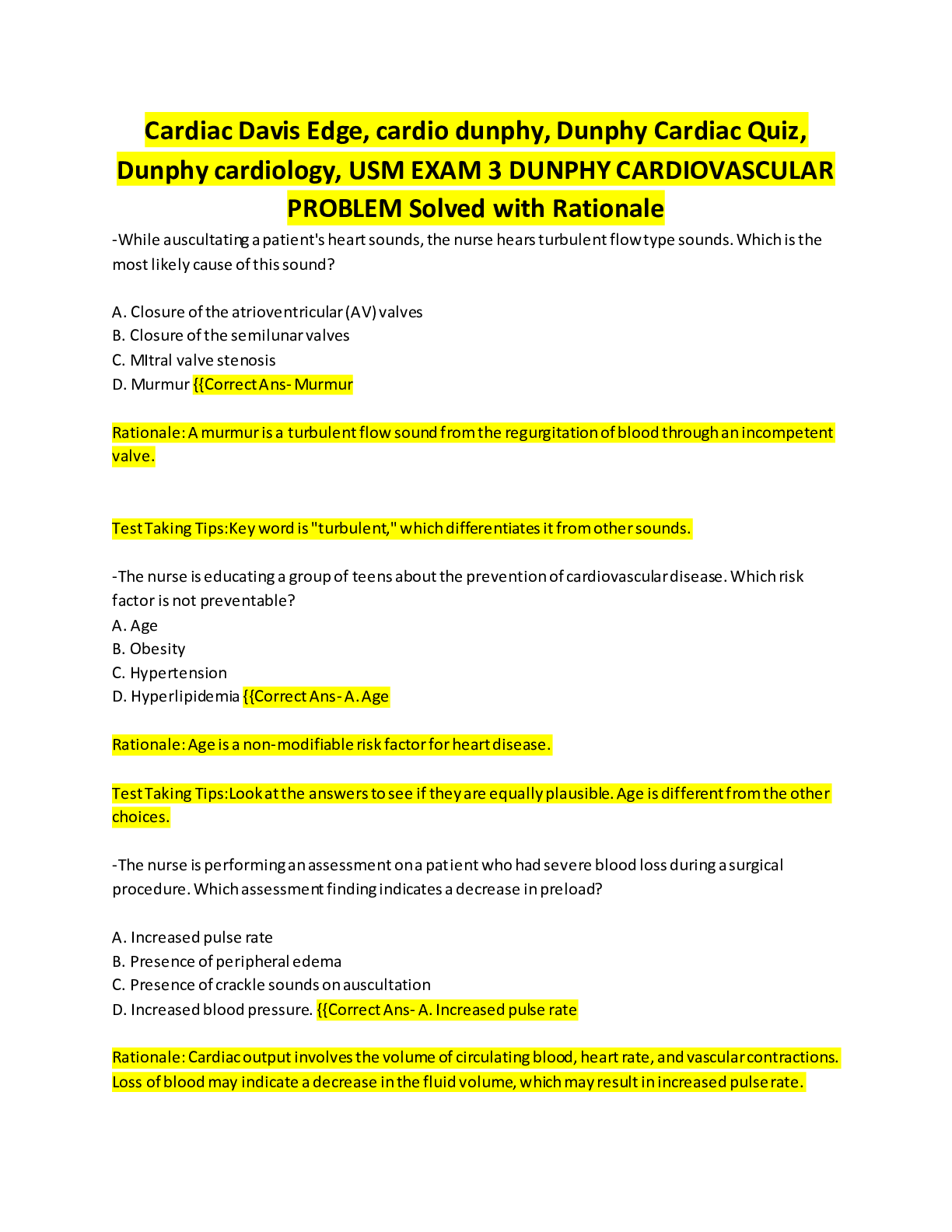 Preview image for Cardiac Davis Edge, cardio dunphy, Dunphy Cardiac Quiz, Dunphy cardiology, USM EXAM 3 DUNPHY CARDIOVASCULAR PROBLEM Solved with Rationale